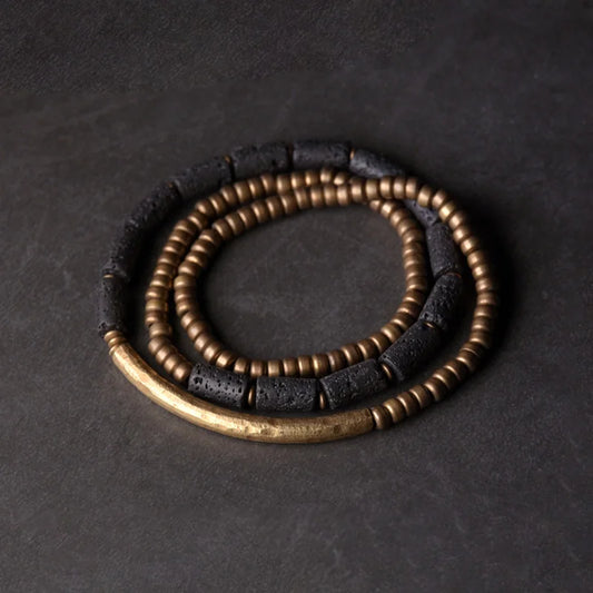 BESPOKE MULTI LAYERED BRASS AND LAVA STONE BRACELET