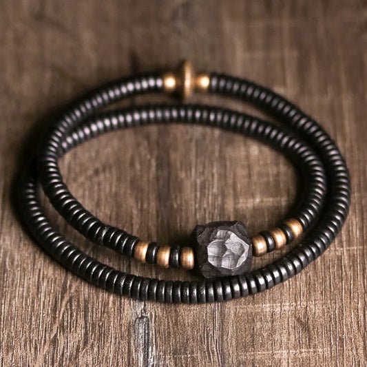 BESPOKE LAYERED CARVED EBONY BEAD AND SOLID COPPER BEAD BRACELET