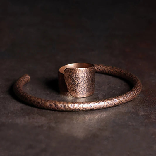 BESPOKE HAMMERED BANGLE AND WIDE HAMMERED RING SET